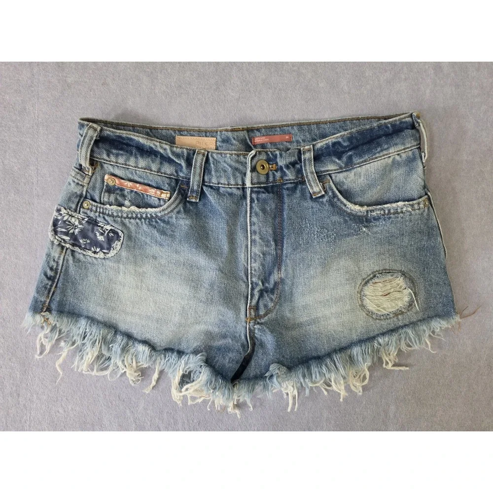 Pilcro Blue & Multi Floral Boho Accent Distressed Denim Cutoff Shorts Size 26